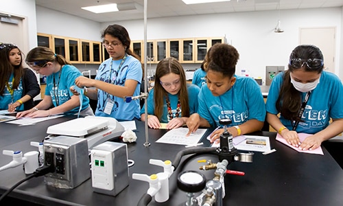 students participating in a Girls in STEM event with Dow