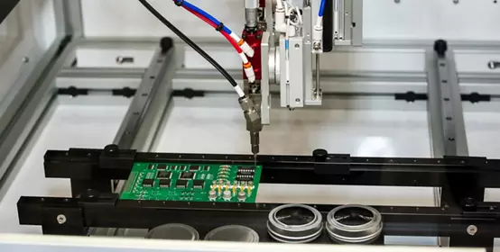Flexible robotic conformal coating and dispensing system for selective coating potting, bead, and meter-mix dispensing applications.
