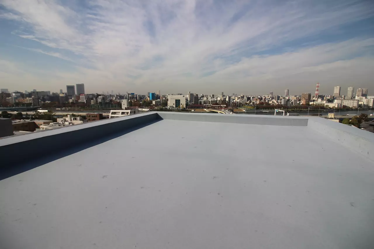 The rooftop waterproofing and view of the apartment building.
