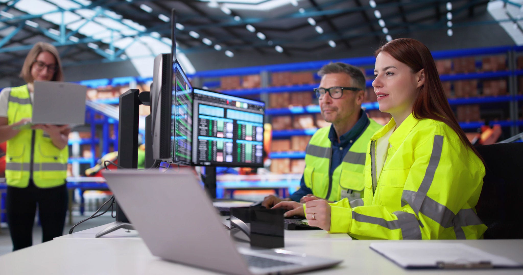 仓库经理在笔记本电脑上输入库存数据