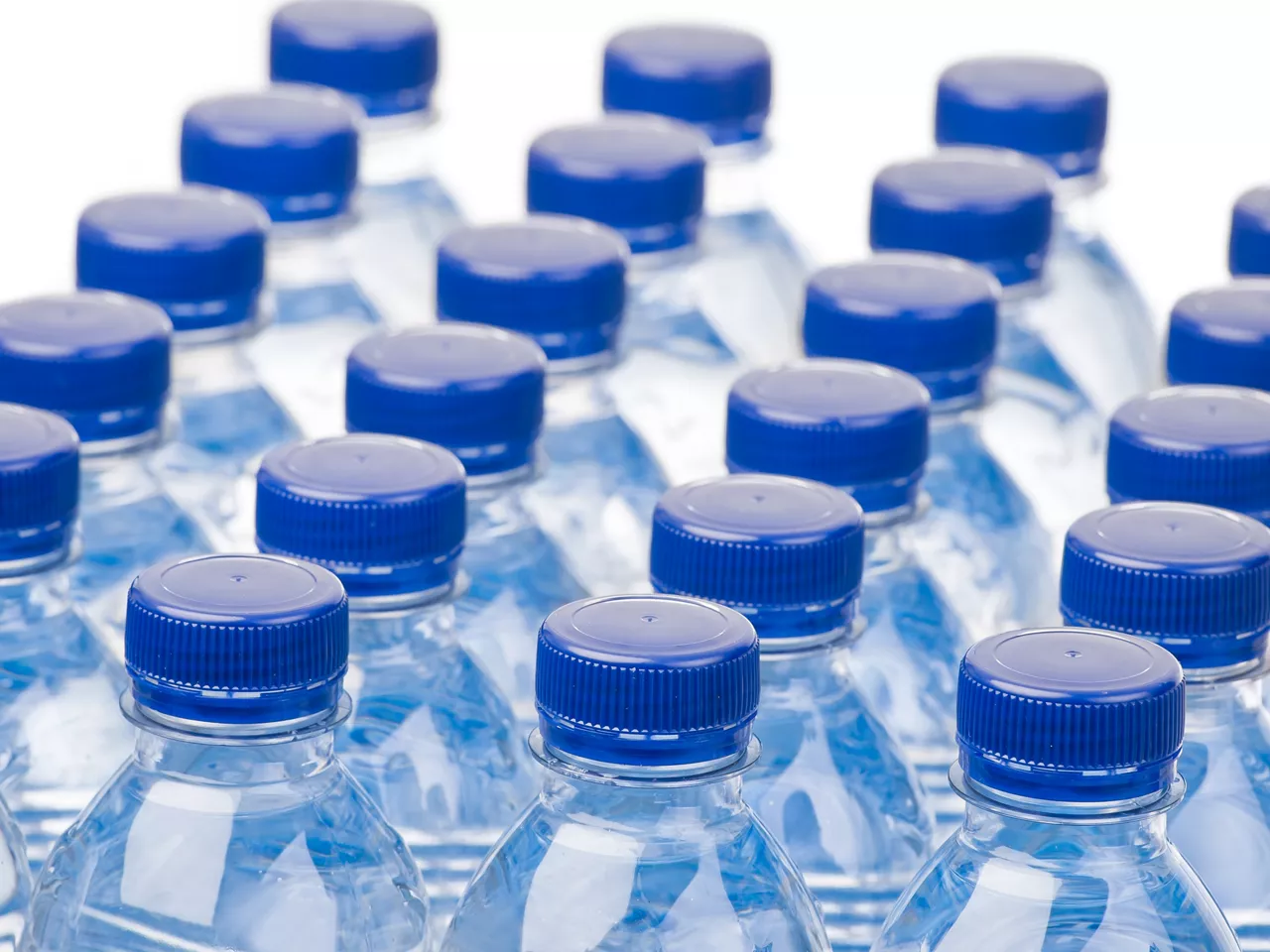 Rows of water bottles isolated on white background