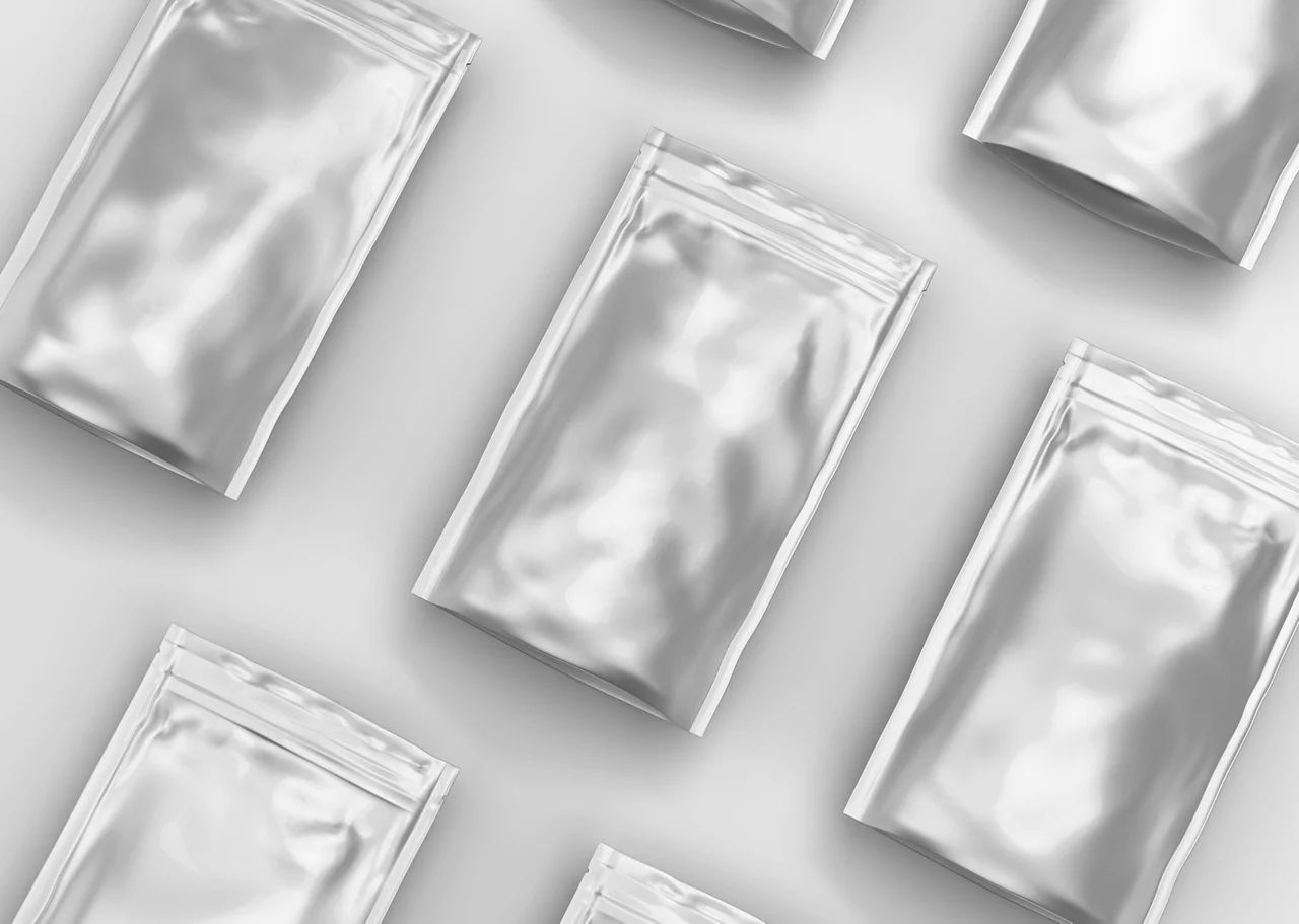 Embalagem de papel alumínio metálico branco vazio e branco, embalada em pé, em fundo isolado