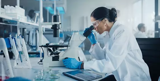 Female Scientist Looking Under Microscope, Analyzes Petri Dish Sample. Specialists in Medicine