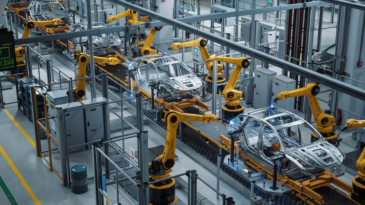  Car Factory 3D Concept: Automated Robot Arm Assembly Line Manufacturing High-Tech Green Energy Electric Vehicles      