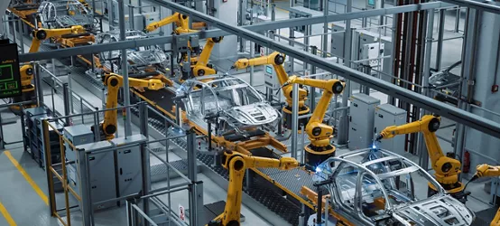 Car Factory 3D Concept: Automated Robot Arm Assembly Line Manufacturing High-Tech Green Energy Electric Vehicles