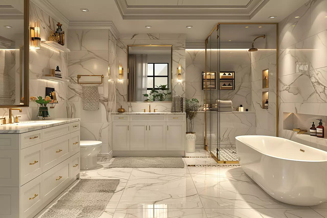 Luxurious bathroom with marble walls and floors, featuring a freestanding bathtub, glass-enclosed shower, double vanity with mirrors, and elegant lighting fixtures. AI-generated